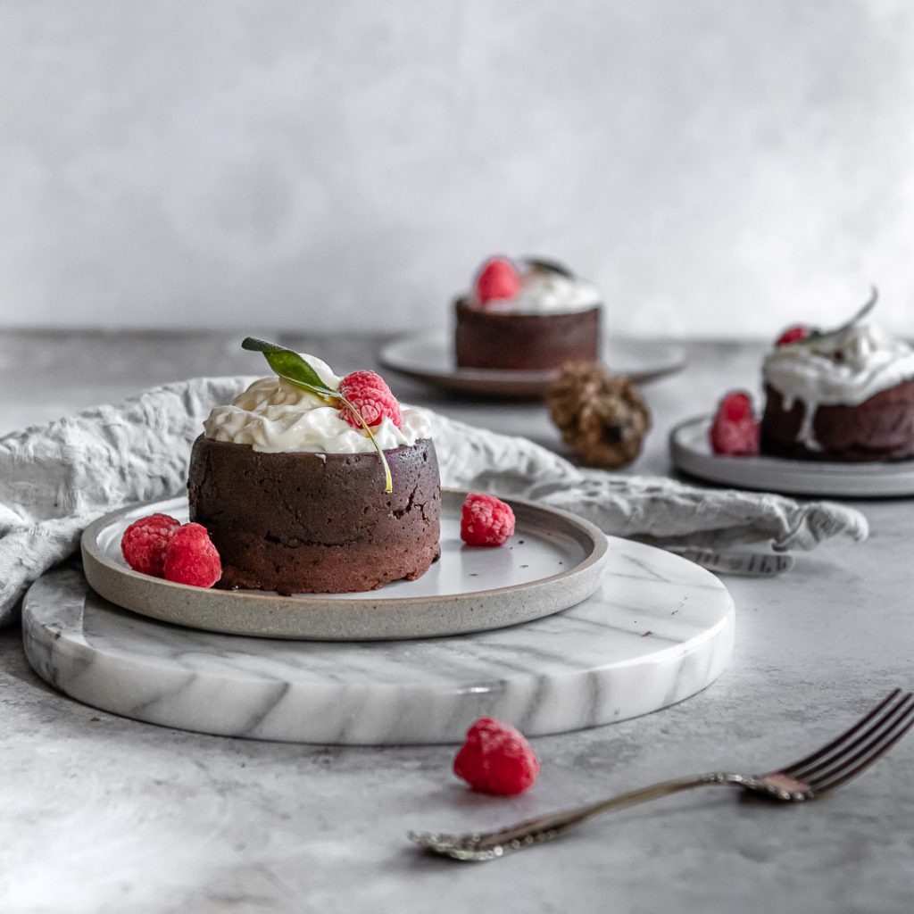 three chocolate raspberry lava cakes