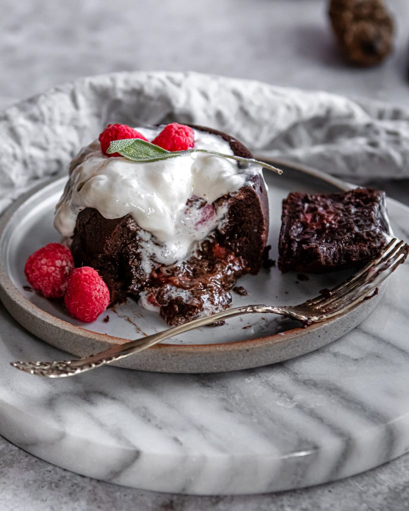 gooey chocolate molten lava cake cut in half