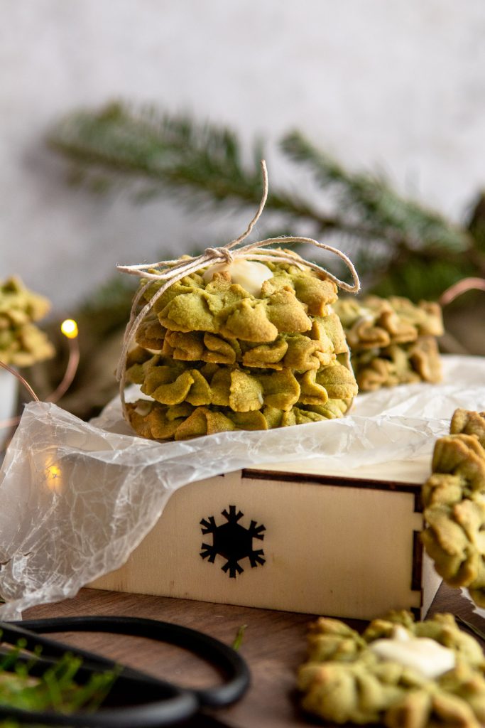 Matcha White Chocolate Cookies stacked