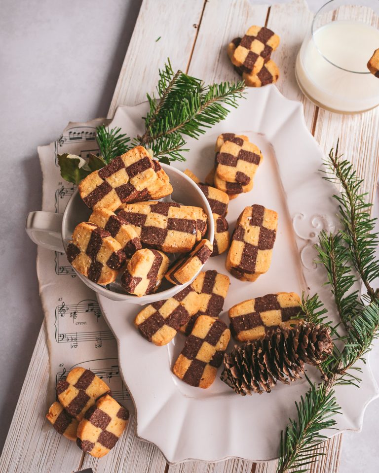 chocolate orange coconut checkerboard cookies on a white platter