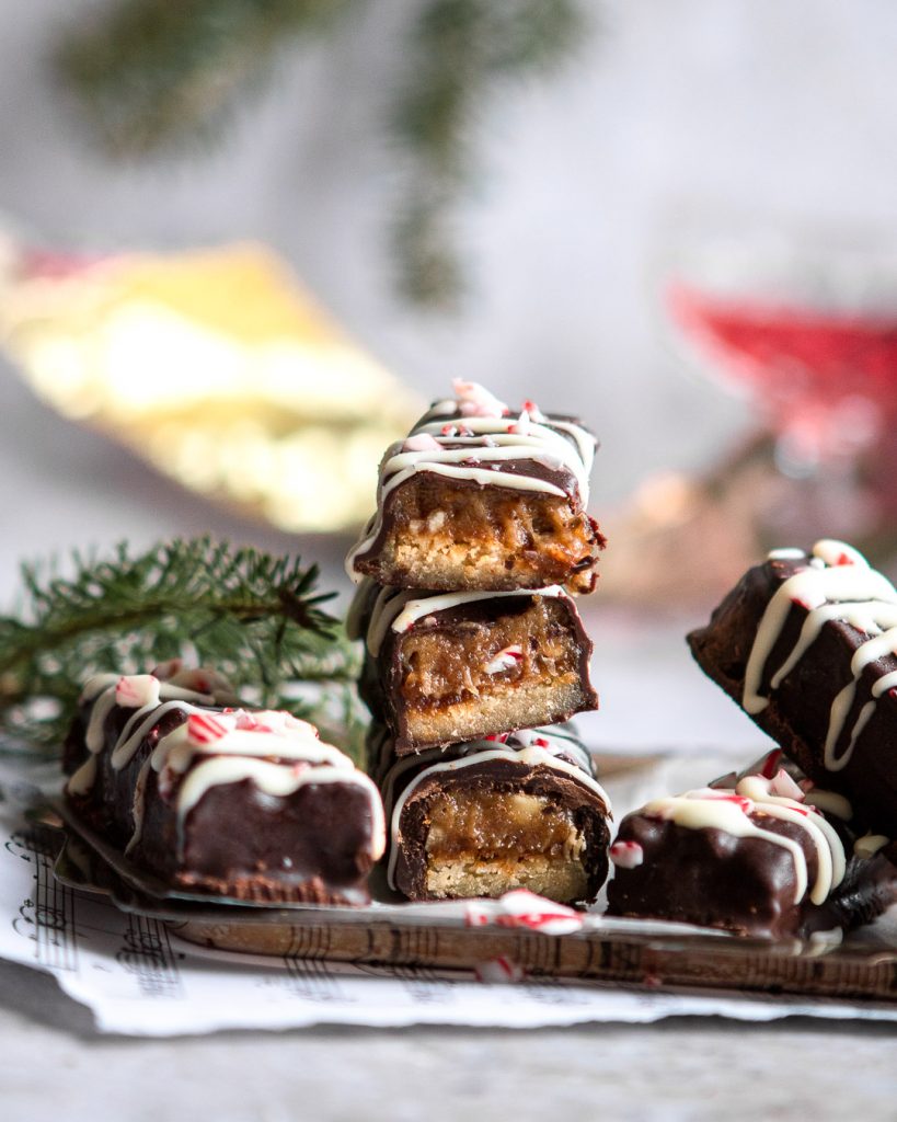 3 healthy peppermint twix bars stacked together cut in half
