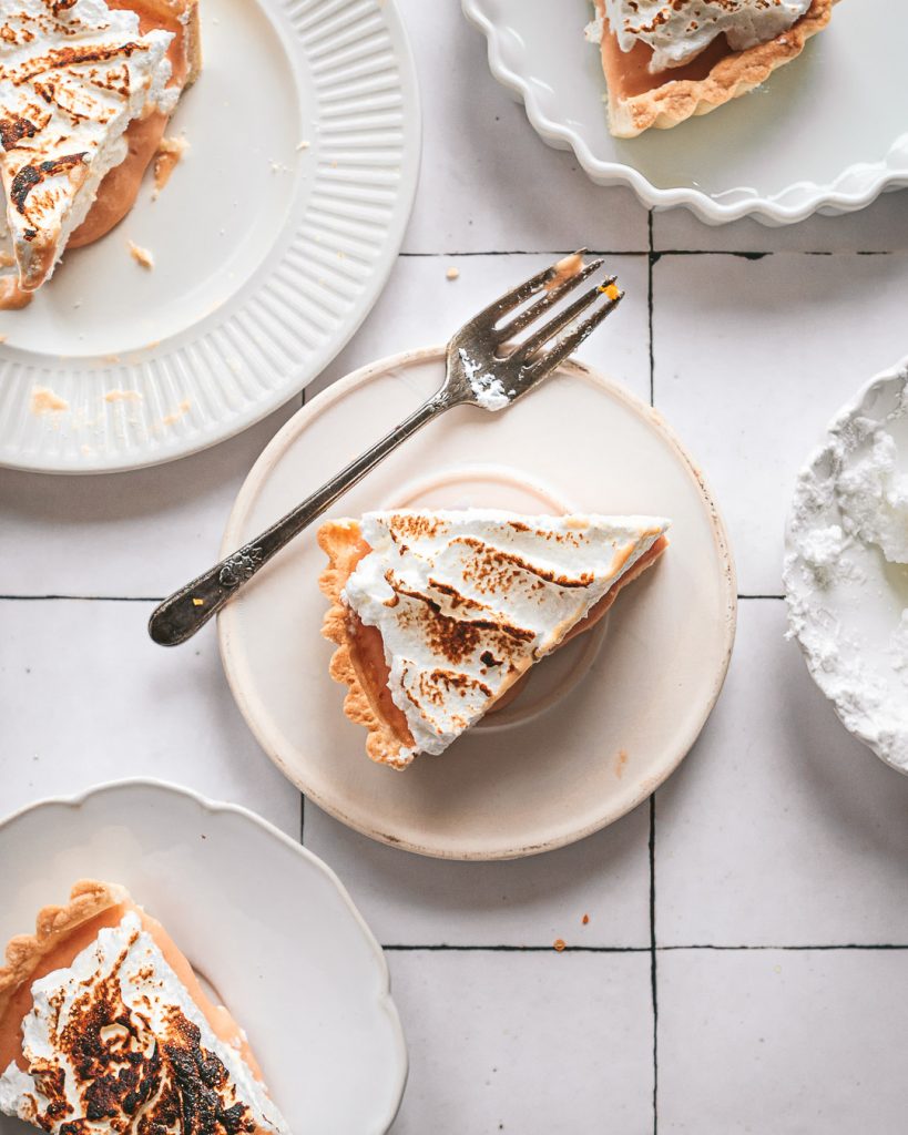 serving up slices of blood orange meringue tart