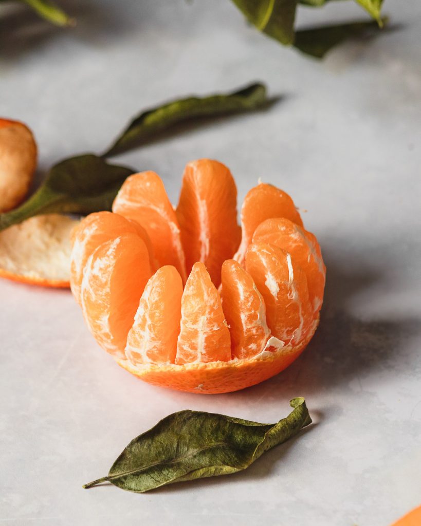 Close up of a peeled clementine