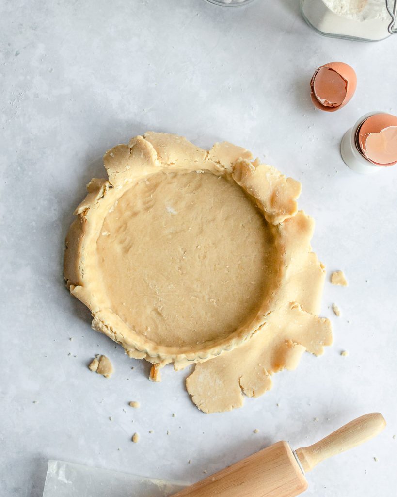 placing pie dough in tart pan