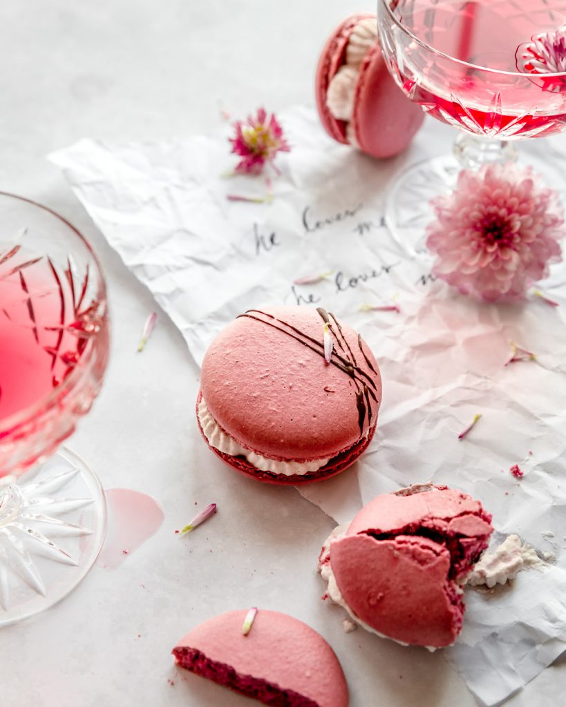 red wine macarons with a love note