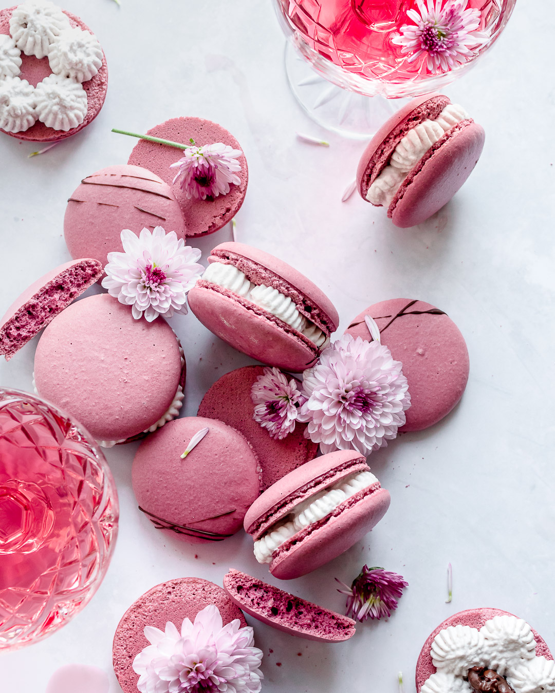 red wine macarons with purple flowers