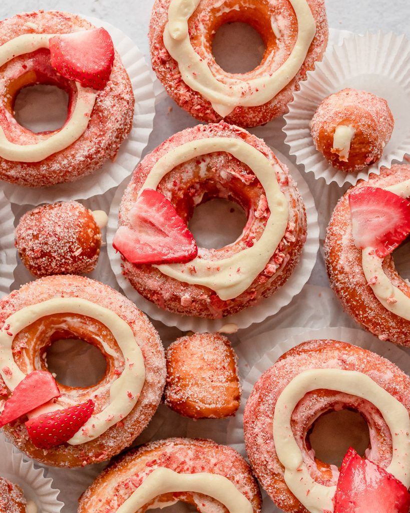 Strawberry vanilla bean cronuts in muffin cups